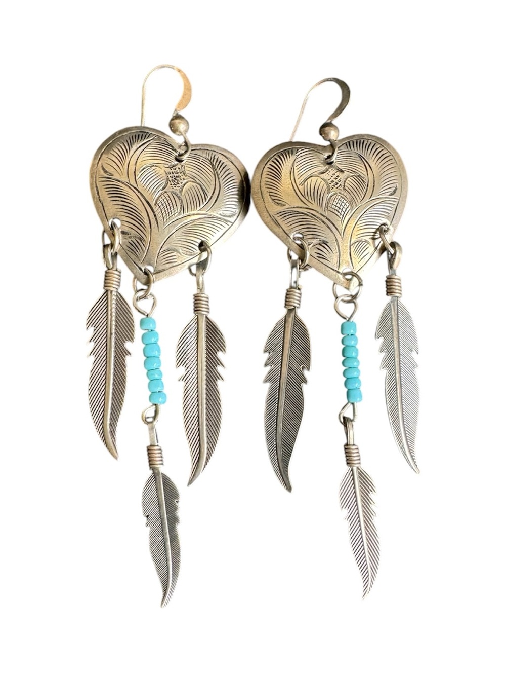Vintage Southwestern Heart Feather Earrings Silver Turquoise Coastal Cowgirl